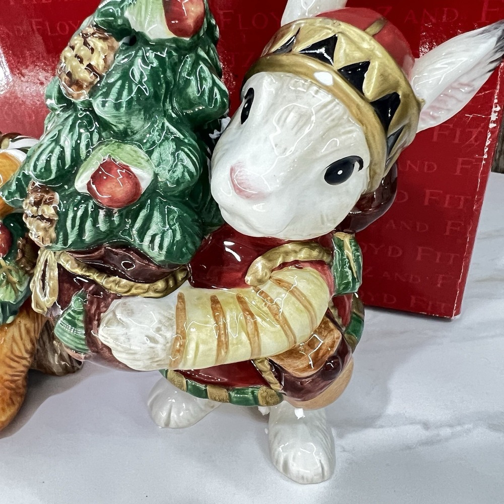Vtg Fitz & Floyd Salt Pepper Shaker Christmas Lodge Bear Bunny Large 2001 W/ Box - Picture 5 of 10